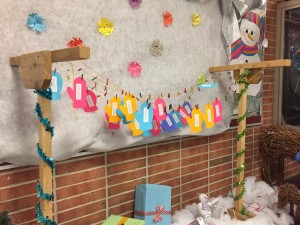 Mittens on display in the school lobby